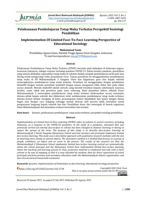 Pdf Pelaksanaan Pembelajaran Tatap Muka Terbatas Perspektif Sosiologi