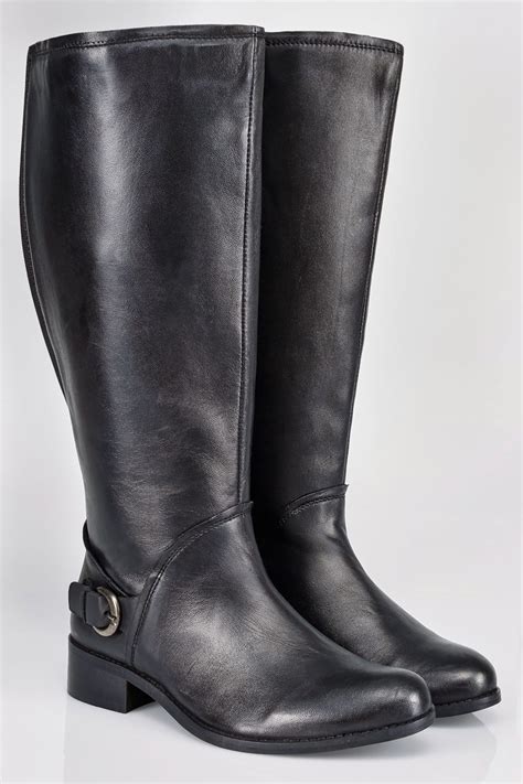 Black Leather Knee High Riding Boots With Buckle Detail In EEE Fit