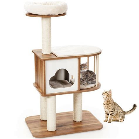 Wooden Cat Activity Tree With Platform And Cushions Costway