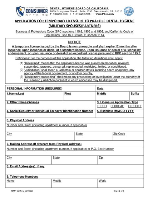 Fillable Online Application For Temporary Licensure To Practice Dental