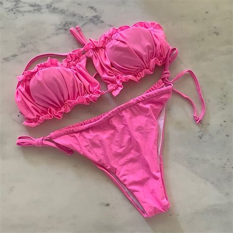 Shein Swim Medium Ruched Bikini Set Frill Trim Tie Back Bandeau Toptie Side Bottom Poshmark