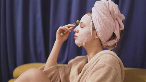 Elegant Beauty Ritual Year Old Blonde European Woman Applying A Facial Mask Stock