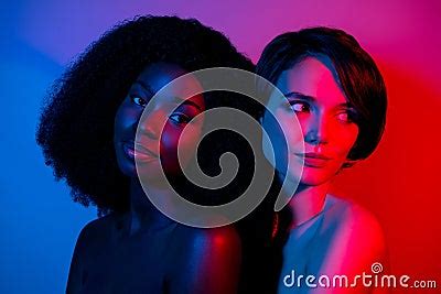 Portrait Of Two Attractive Nude Women Hugging Affection Life Partnership Romance Bright Neon