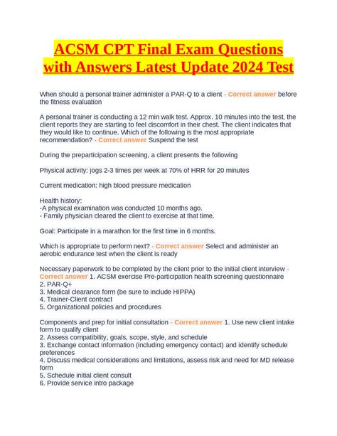 ACSM CPT Final Exam Questions With Answers Latest Update 2024 Test