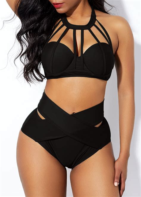 High Waist Cage Neck Cross Front Bikini Set Rosewe Usd
