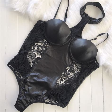 Plus Size 8 22 Sexy Faux Leather One Piece Lace Lingerie Bodysuit Choker Black EBay