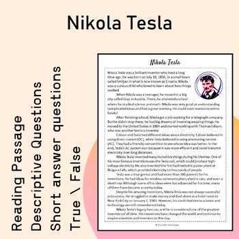 Nikola Tesla Biography Reading Comprehension Printable TPT