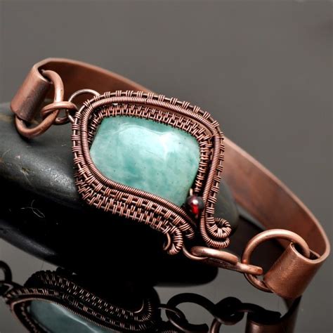 Amazonite And Garnet Wire Wrap Copper Cuff Bracelet Wire Wrapped