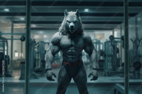 Fit Wolf Standing At The Gym Gym Beast Muscular Wolf Working Out At