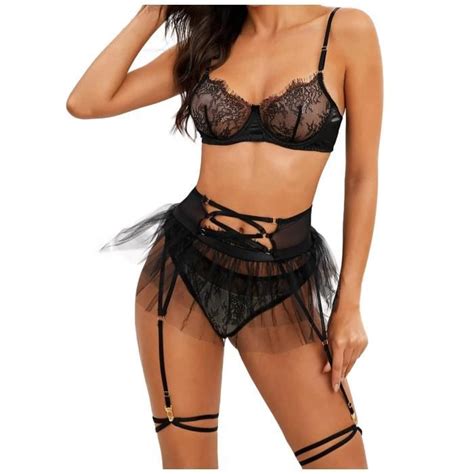 Femmes exquise maille Lingerie soutien gorge jarretière slips ensemble nuisette découpe