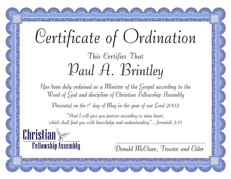 Printable Pastor Ordination Certificate Template