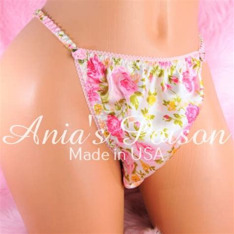 Sissy Satin Panties For MEN Shiny Wetlook Pink Floral Roses String Bikini EBay