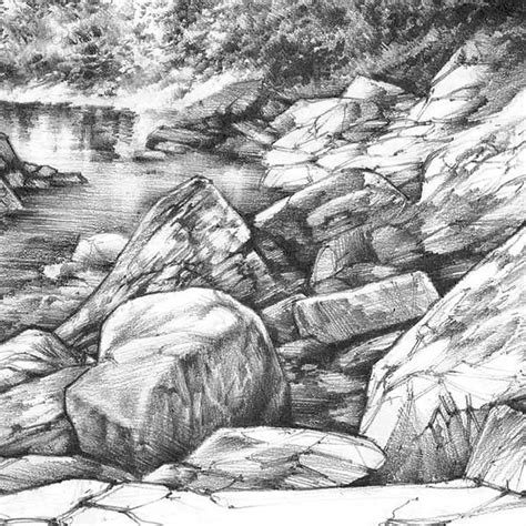 Pencil Landscape Drawing Print Realistic Water Landscape Pencil Trees Drawing Nature Sketch Art ...