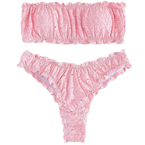 2Pcs Set Hot Women Bikini Set Ruffles Swimming Low Waist Slim Fit Strapless Swimsuit Bikini Set