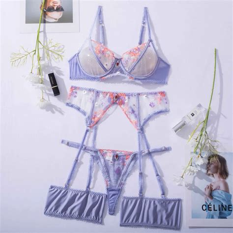 Sexy Lingerie Set Transparent Bra Thongs Pieces Female Underwear Erotic Lace Outfits Delicate