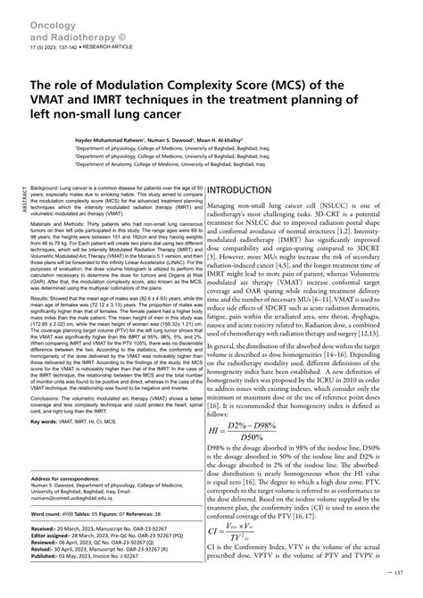 PDF The Role Of Modulation Complexity Score MCS Of The VMAT And