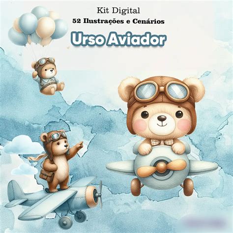 Ursinho Aviador Aquarela Png - Kit Digital Ursinho Aviador Aquarela - illustradeb