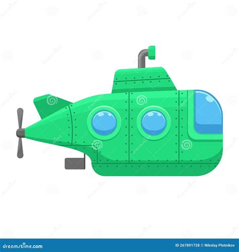 Green Submarine With Periscope Isolated On White Background Underwater