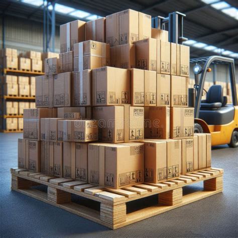 Wooden Palette Filled With Cardboard Boxes Sits In Warehouse Stock