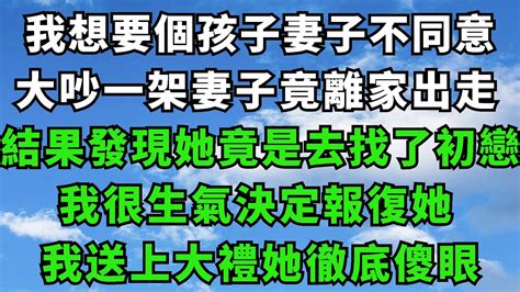 我想要個孩子妻子不同意，大吵一架妻子竟離家出走，結果發現她竟是去找了初戀，我很生氣決定報復她，我送上大禮她徹底傻眼【字裏情緣】 情感故事 婚姻 家庭 落日溫情 花開富貴 深夜淺讀 复仇 爽文