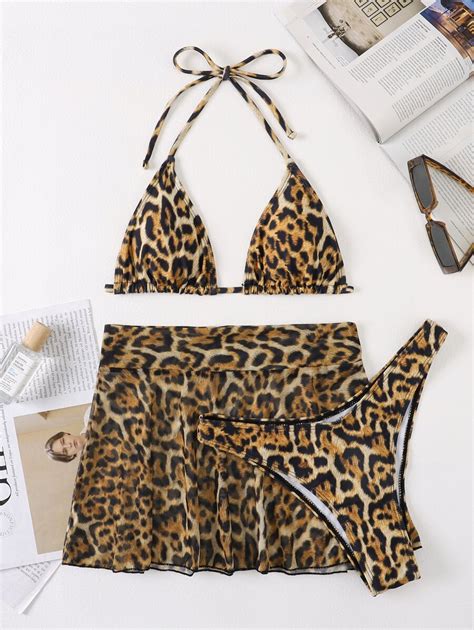 SHEIN Swim piezas de leopardo Bañador bikini triángulo halter Falda