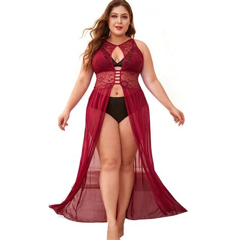 Plus Size Split Sexy Hollow Erotic Dress Set See Through Lingerie Babydolls Chemises