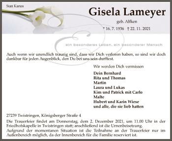 Traueranzeigen Von Gisela Lameyer Trauer Kreiszeitung De