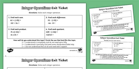 Seventh Grade Integer Operations Exit Ticket Teacher Made