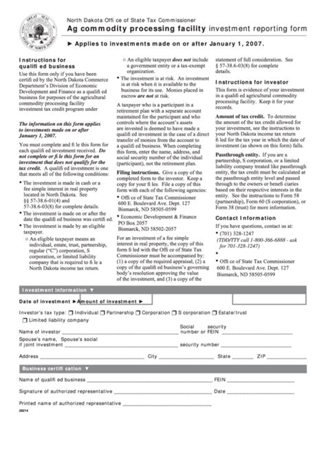 Fillable Ag Commodity Processing Facility Investment Reporting Form