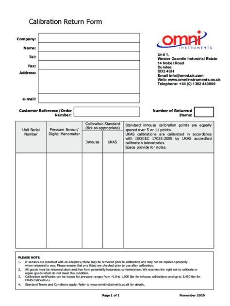 Fillable Online Pressure Sensor Calibration Return Form Calibration