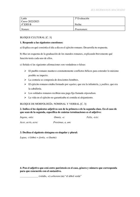 Prueba Escrita 1 3ª Evaluación Ies Hermanos Machado Latín Curso