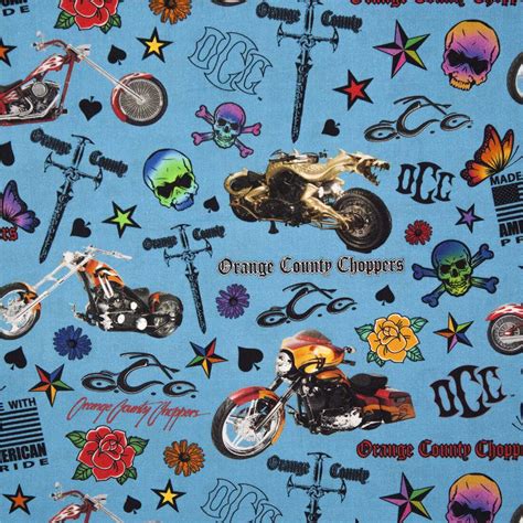 Tissu En Coton Tossed OCC Avec Des Motos Des Tatouages Bleus Fabric