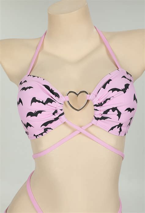 Women Gothic Bat Pink Bikini Set Heart Buckle Halter Lace Up Top And Triangle Panty Bathing