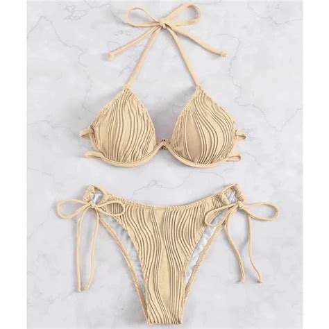 Pink Ribbed Triangle Bikini Set With Ties On Luulla