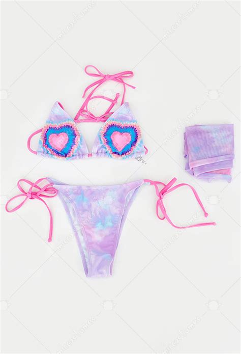 Tie Dyed Swimsuits Colorful Heart Print Bathing Suits With Cover Up Bikini Sets For Sale
