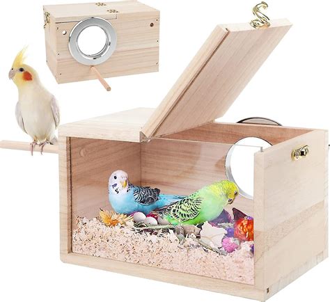 Parakeet Nesting Box Transparent Design, Bird Nest Breeding Box With Perch Wood Bird Cage House ...