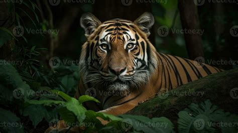 A Bengal Tiger, its senses heightened, eyes intently surveying the
