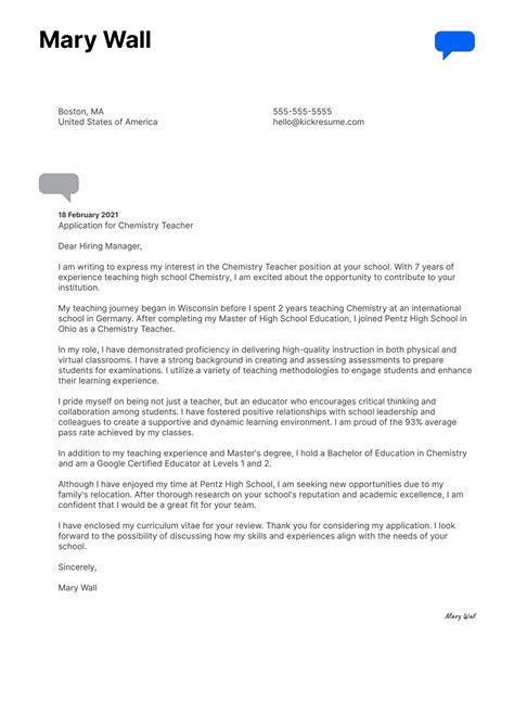 Chemistry Teacher Cover Letter Sample Kickresume