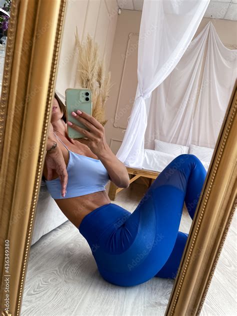 Fit Tanned Woman In Sportswear Perfect Body Abs Motivation At Home Take Photo Selfie On Phone