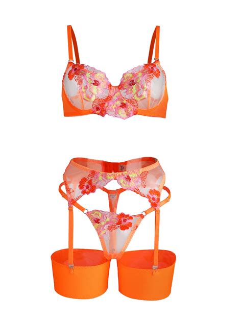 Lilosy Sexy Leaf Floral Embroidered Mesh Sheer Belt Women Underwire Push Up Lingerie Set See