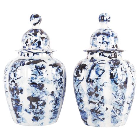 Pair Of Blue Delft Lidded Vases At Stdibs