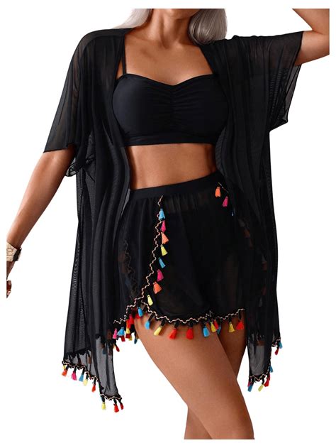 Beaudrm Women S Piece Boho Tassel Bikini Set Spaghetti Strap High Cut Swimsuit With Cover Up