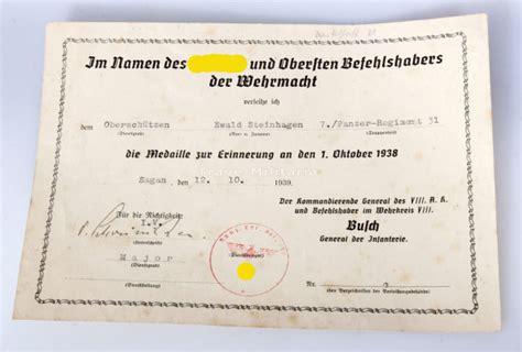 Urkunde Medaille Zur Erinnerung An Den 01 Oktober 1938 Archiv