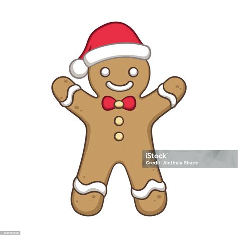 Cute Gingerbread Man With A Bow Tie And Santa Hat Cartoon Illustration