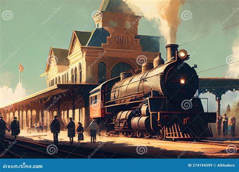 Old-fashioned Train Station with Locomotive, Passenger Cars and People ...