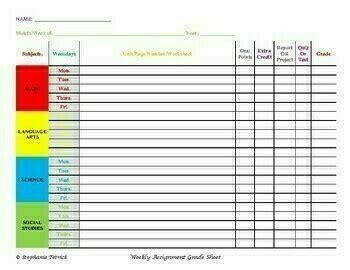 weekly assignment grade sheets  butterflies   flower tpt