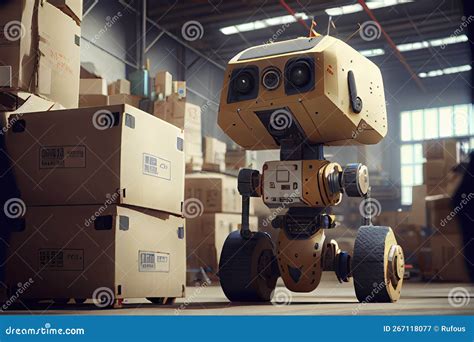 Robot Works in a Logistics Warehouse Stock Illustration - Illustration of cargo, cardboard ...