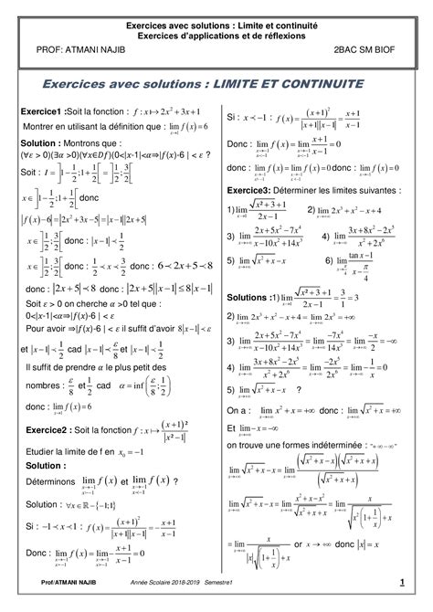 Limites Et Continuité Corrigé Série Dexercices 1 Alloschool