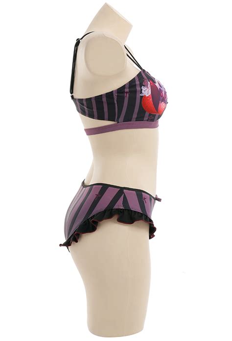 Women Ruffles Bikini Set Two Piece Swimsuits Black Purple Striped Bathing Suit In Stock