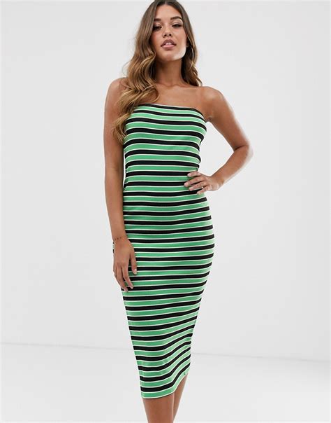 Asos Design Stripe Midi Bandeau Dress In Green Multi Modesens